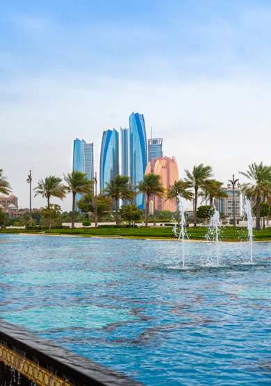 a fountain in front of a city skyline