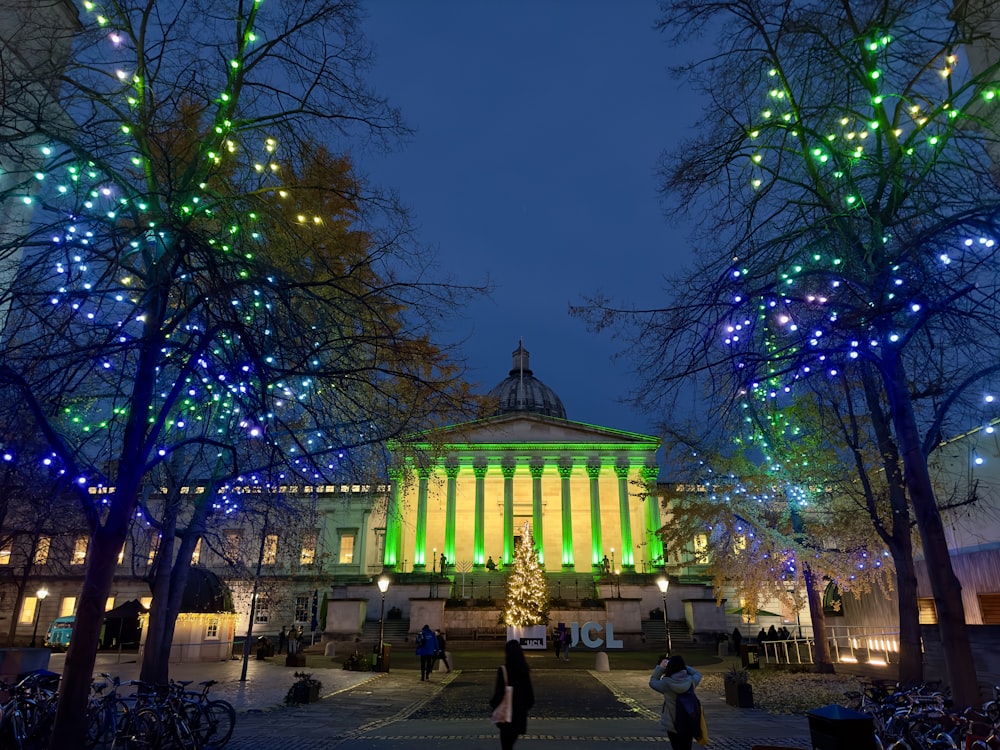 a building lit up with christmas lights and trees