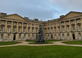 a large building with a christmas tree in front of it