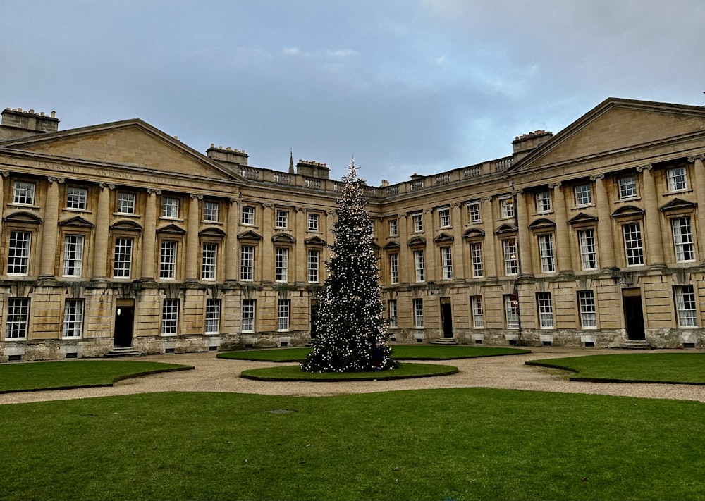 a large building with a christmas tree in front of it