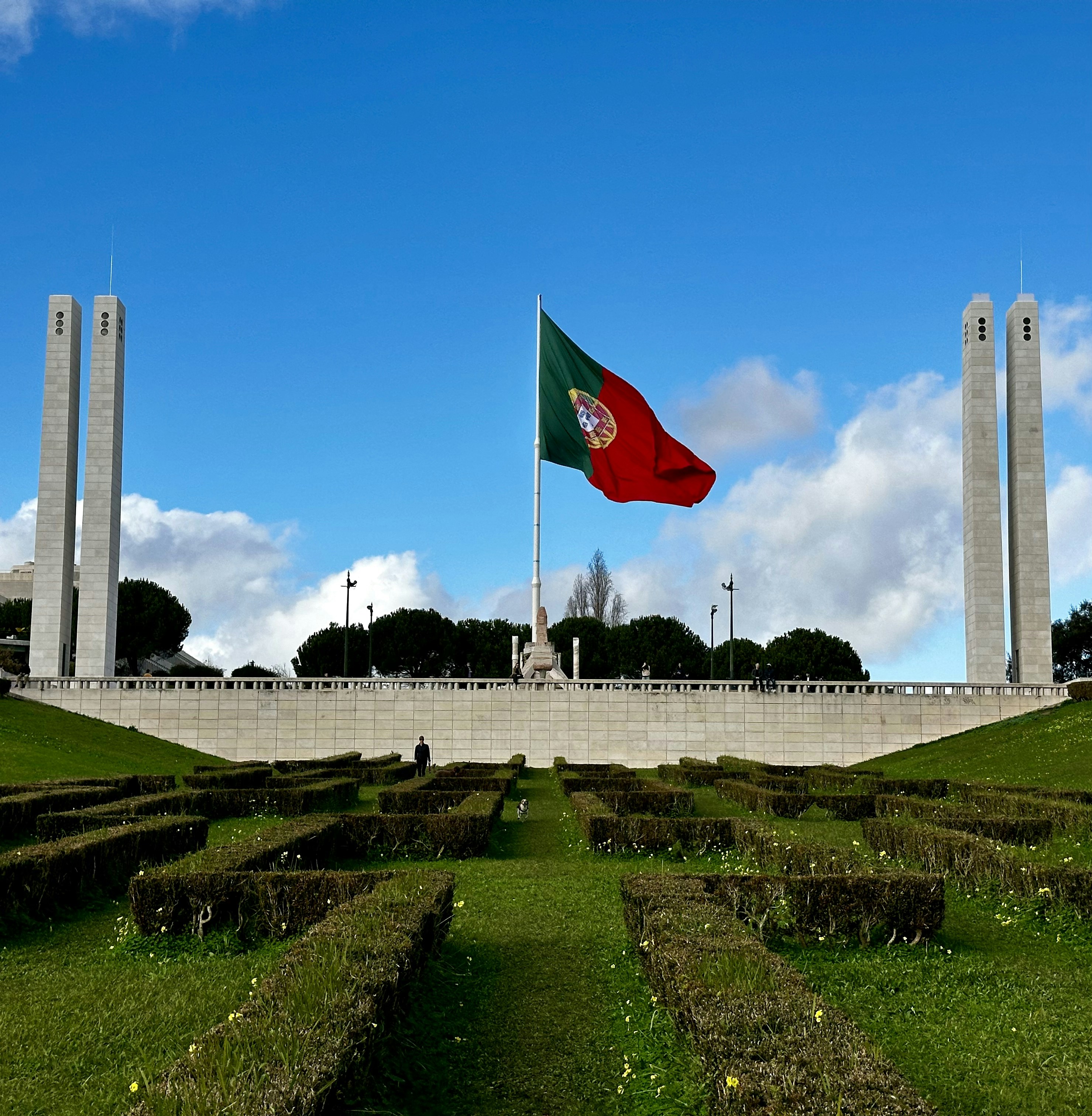 a large flag flying over a lush green park
