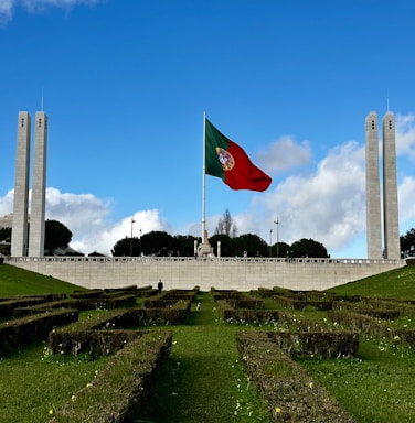 a large flag flying over a lush green park