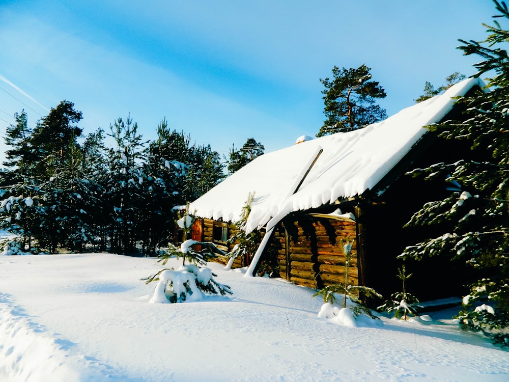 a log cabin with a snow covered roof