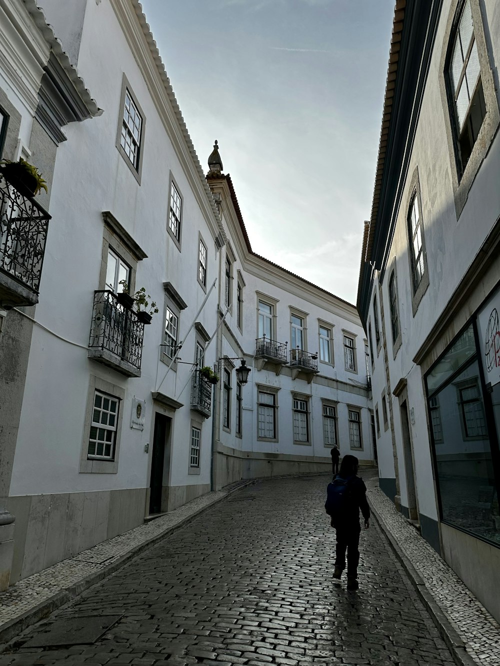 a person walking down a cobblestone street