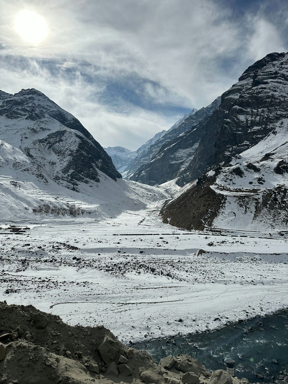 a snow covered mountain with a river running through it