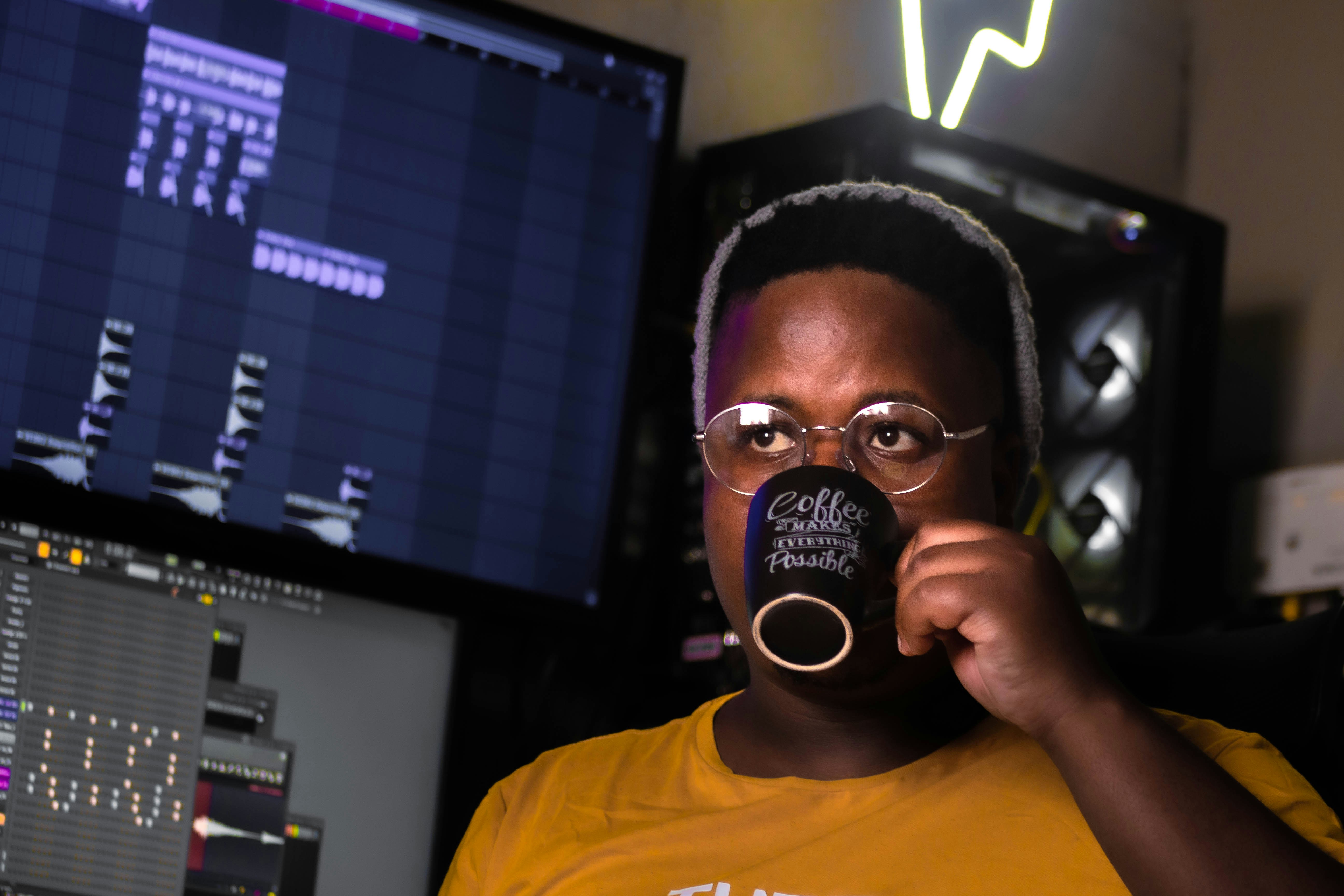 A content creator edits a podcast video, blending audio waveforms with a visual timeline, reflecting modern digital media production.