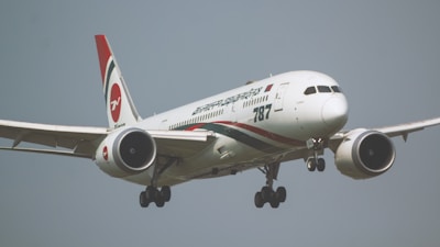 a large jetliner flying through a gray sky