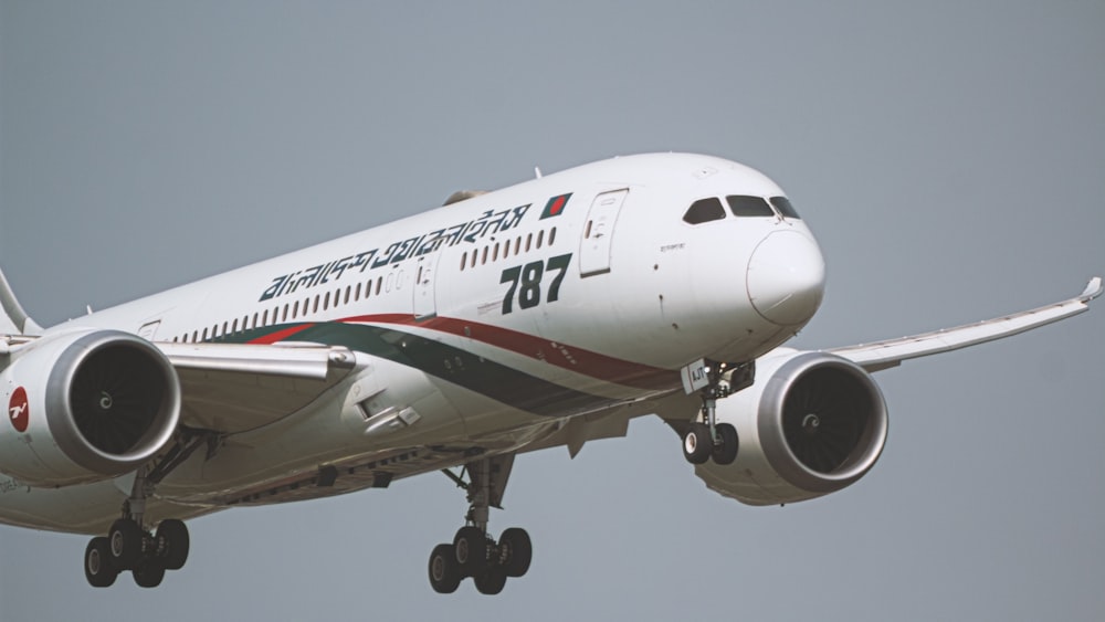 a large jetliner flying through a gray sky