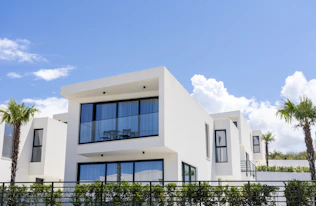 a white house with a black fence and palm trees