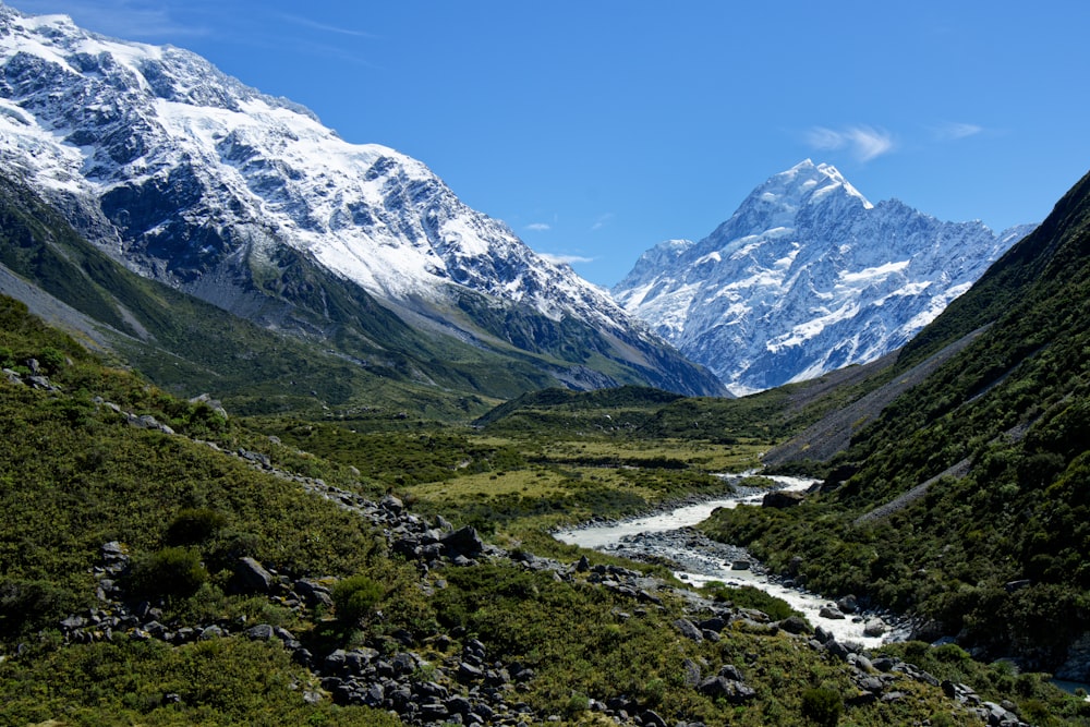 a mountain valley with a river running through it