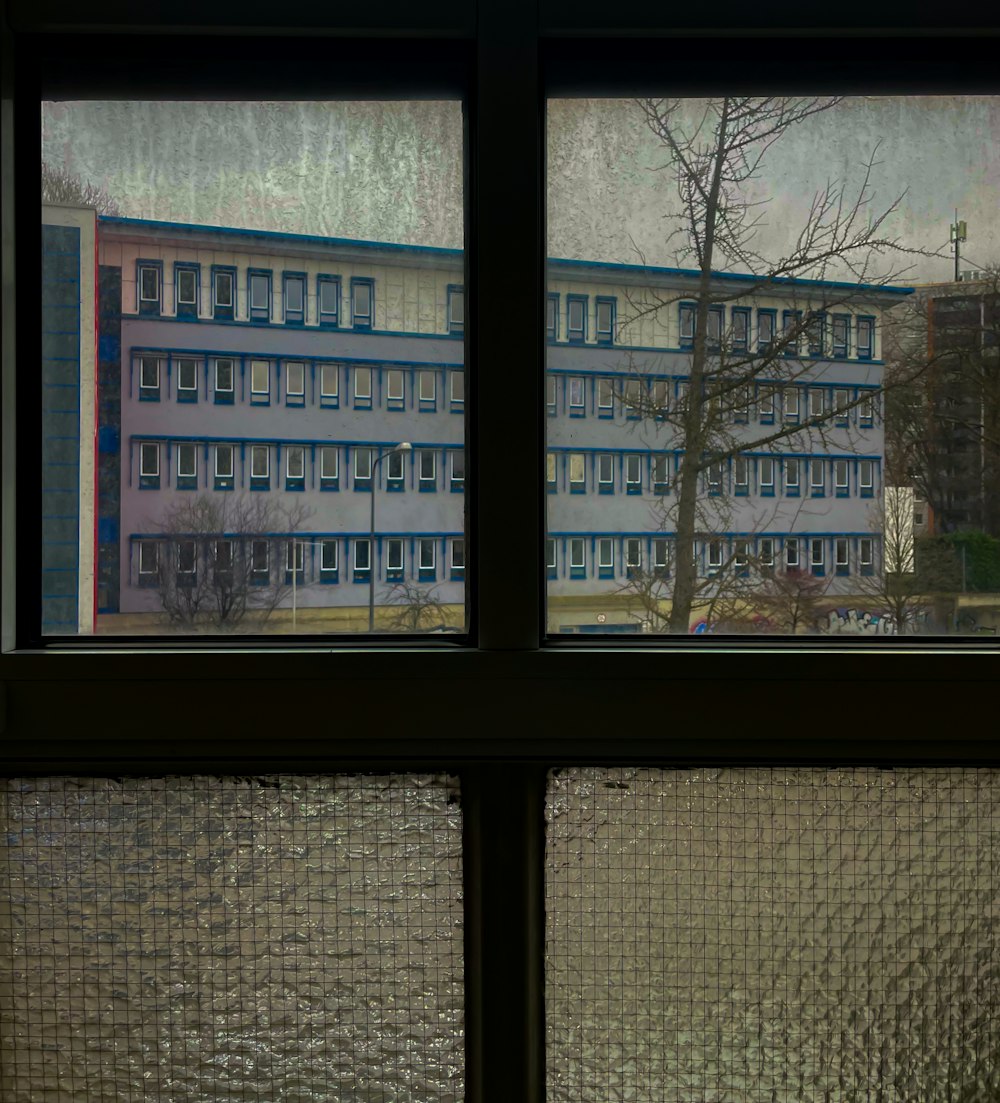 a view of a building through a window