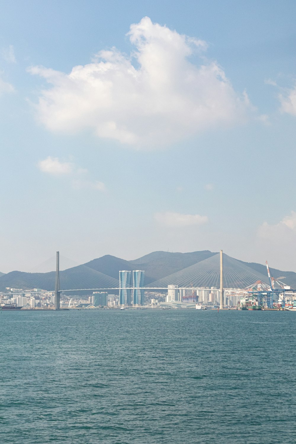 a large body of water with a city in the background