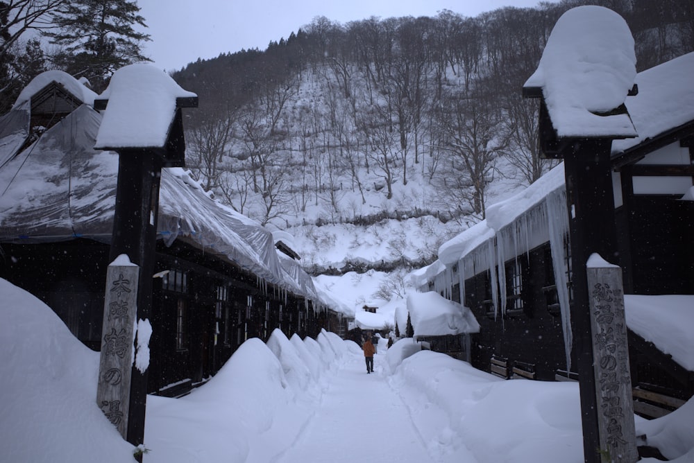 a person walking through a snow covered path