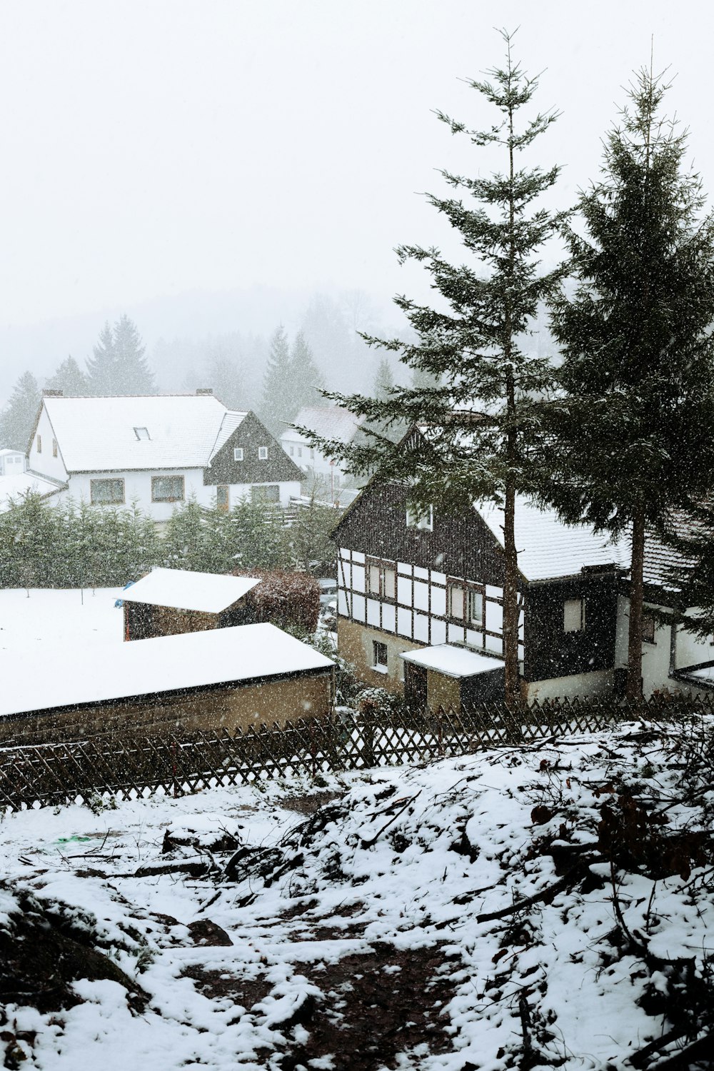 a snow covered hillside with houses and trees