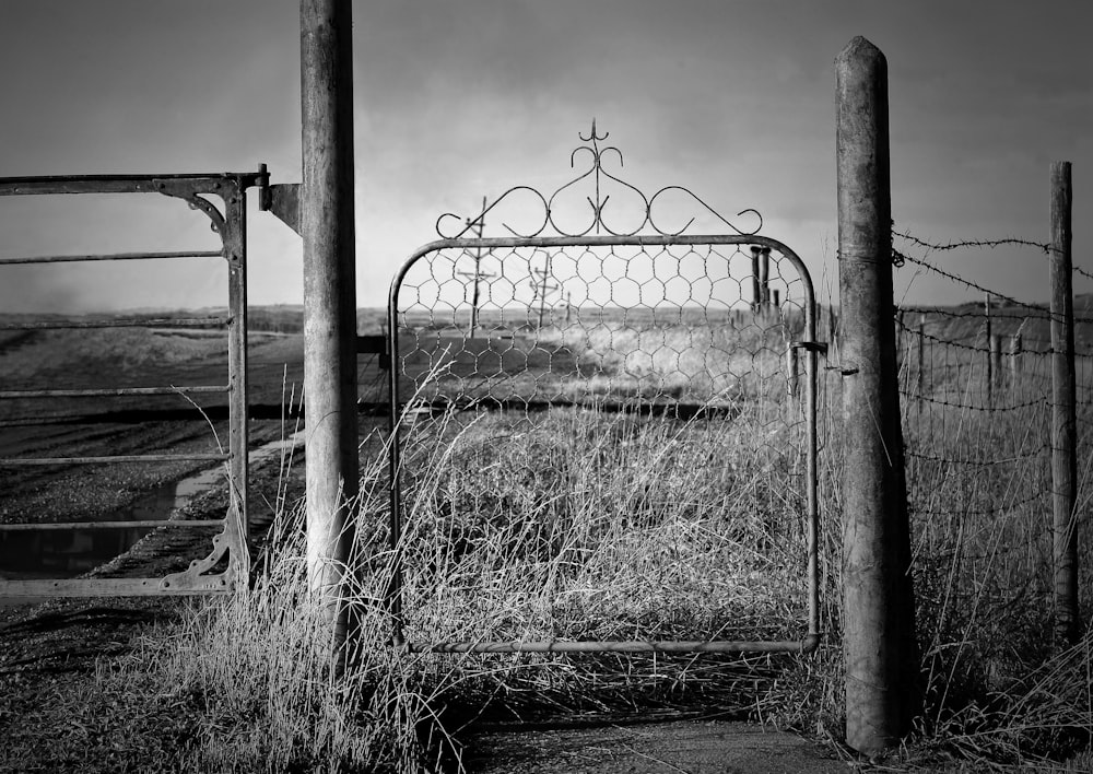 a black and white photo of a gate in a field