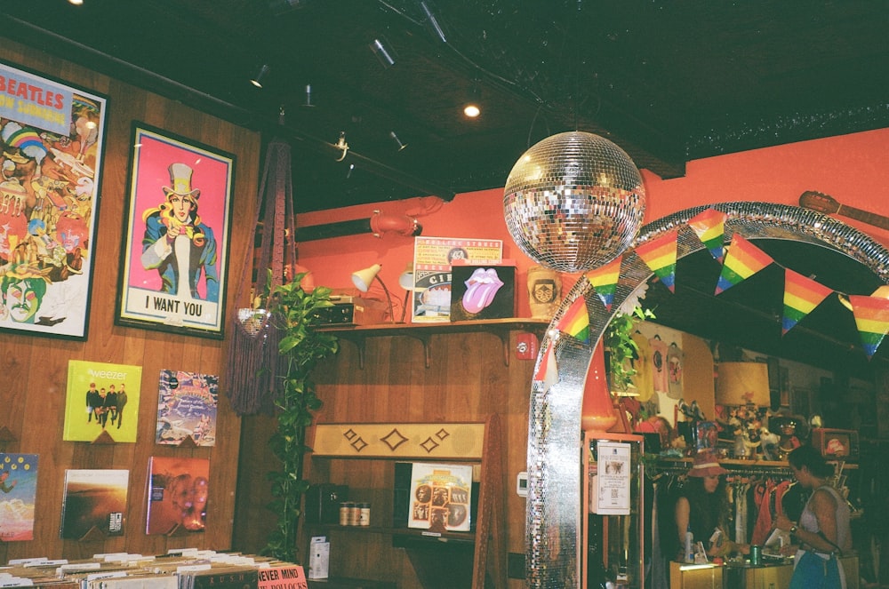 a disco ball hanging from the ceiling of a store