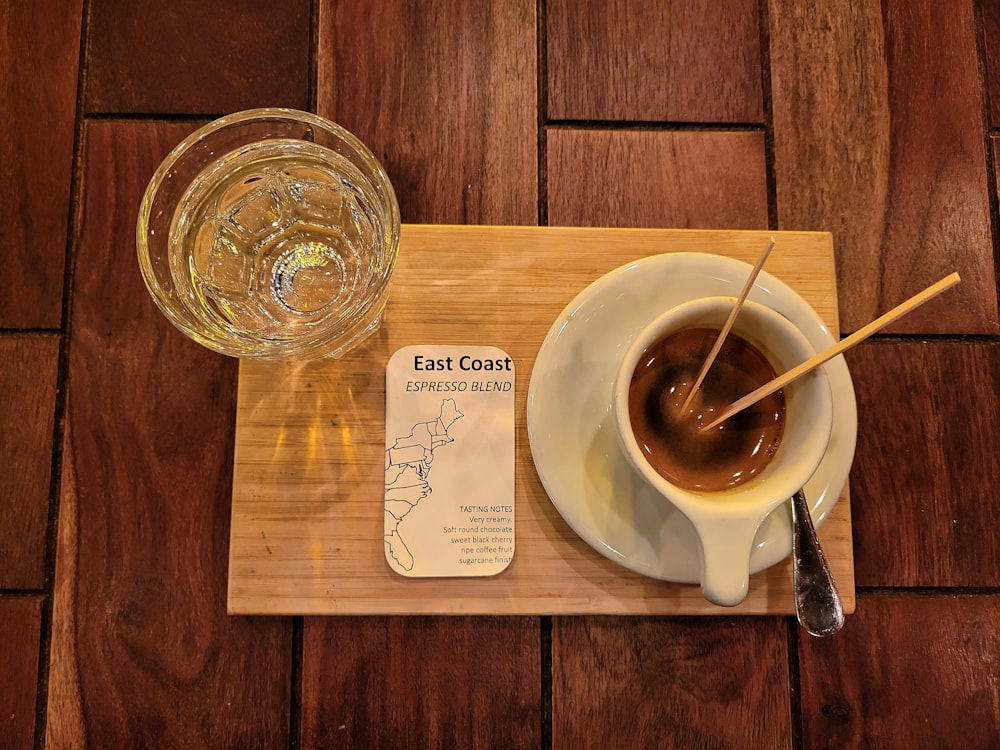 a cup of coffee and a spoon on a wooden table