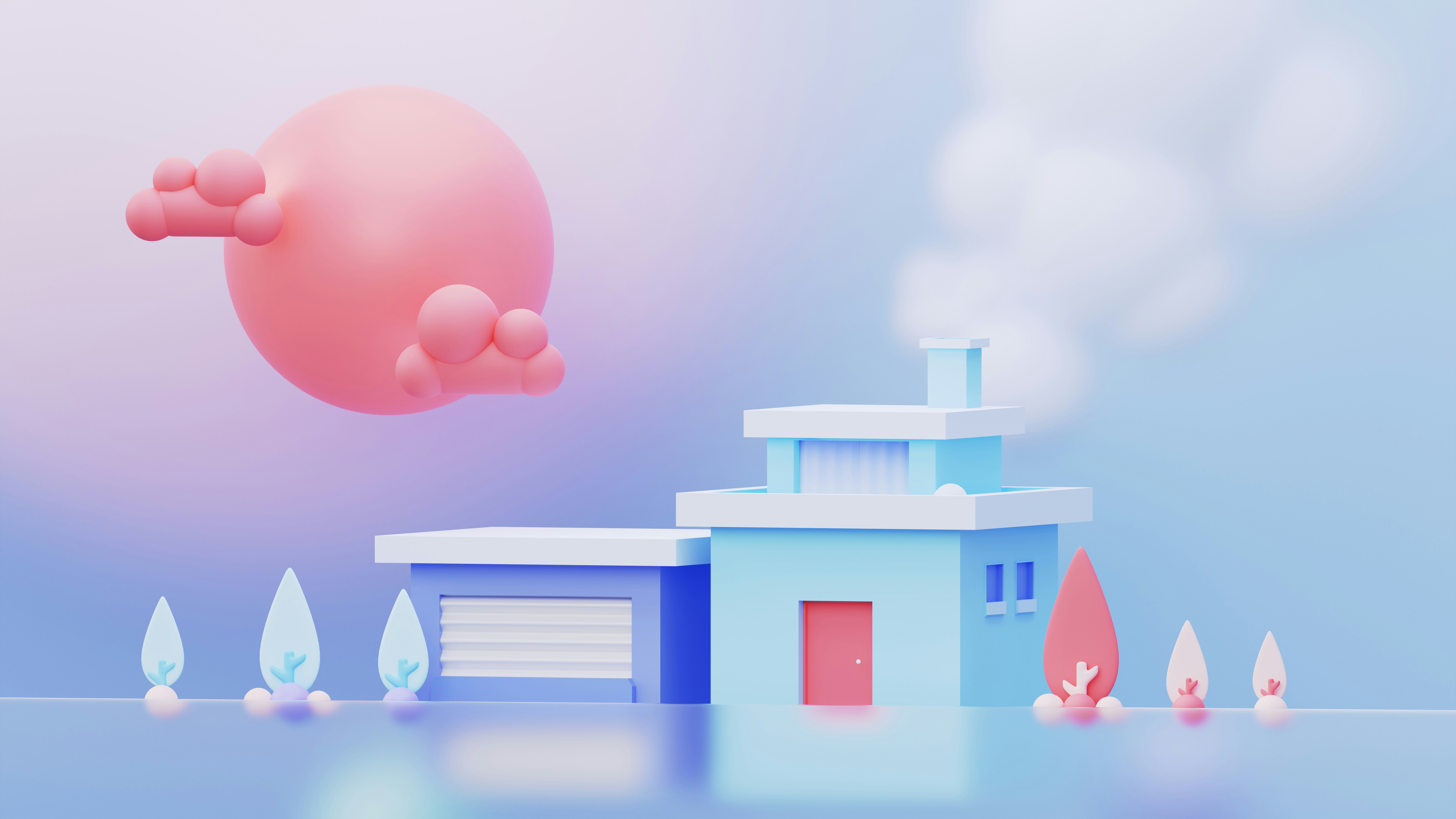una casa con un globo rosa volando sobre ella