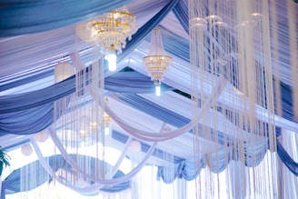 a room with a chandelier hanging from the ceiling
