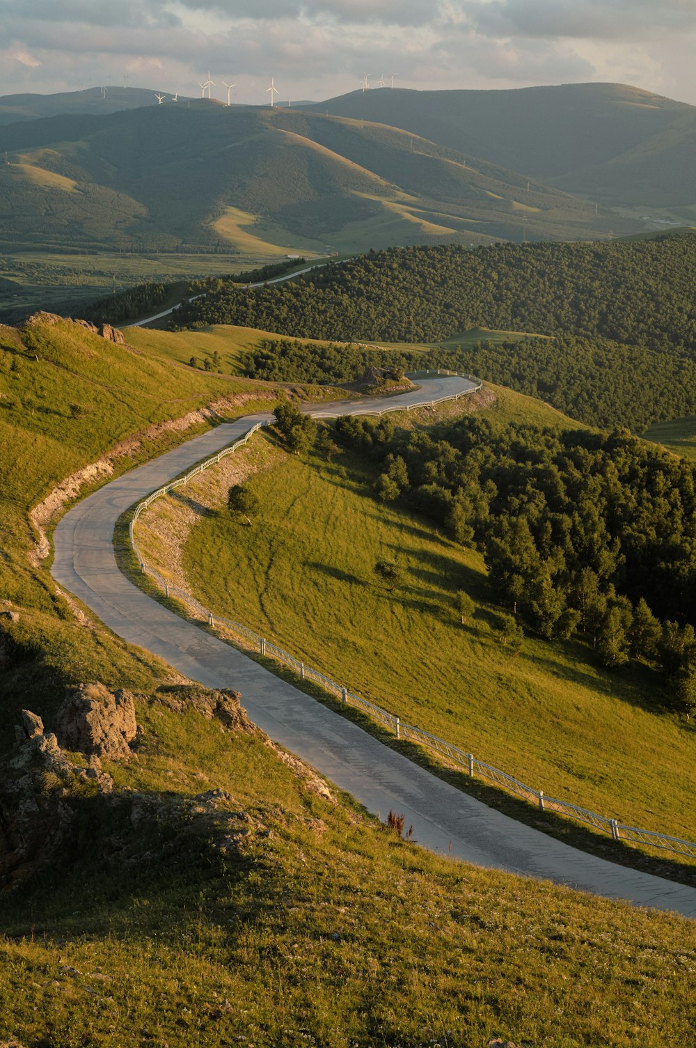 a winding road winding through a lush green valley