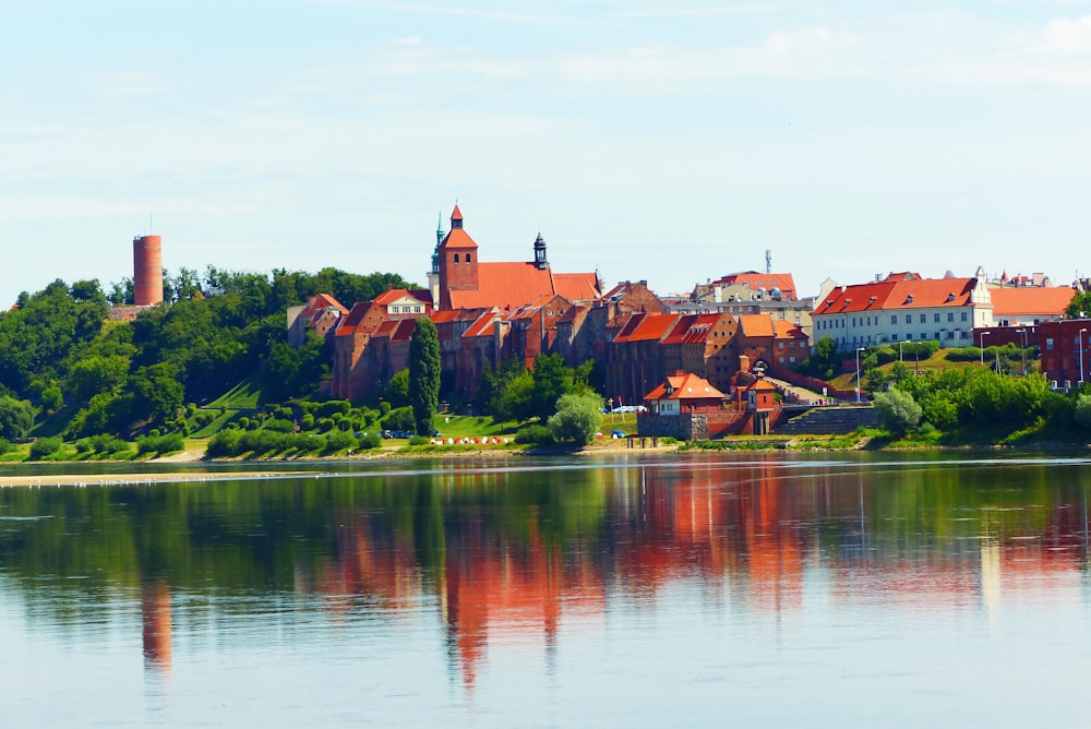 ein großes Gewässer mit einer Stadt im Hintergrund