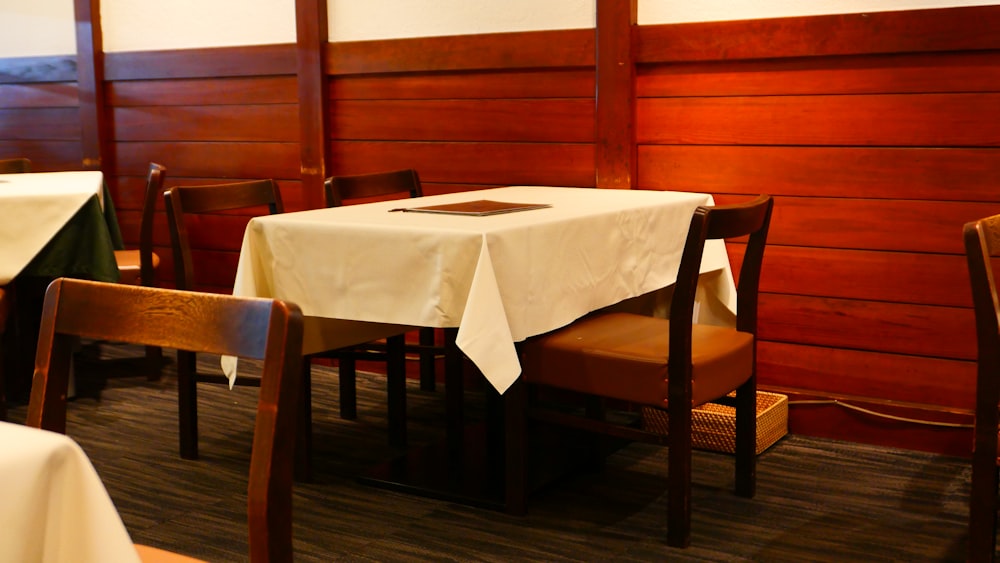 a table with a white table cloth on it