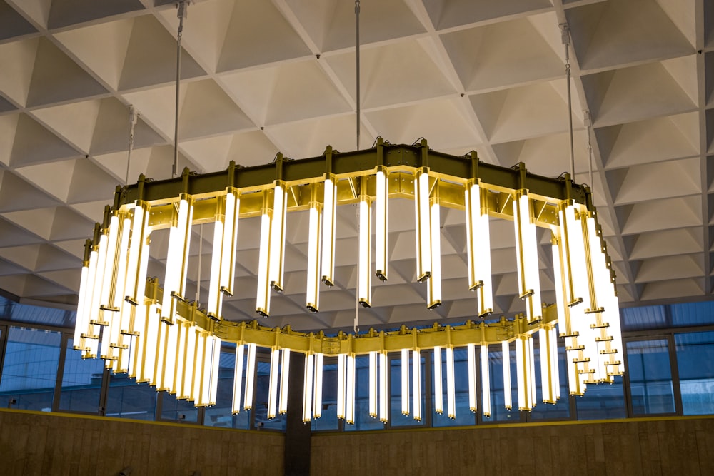 a chandelier hanging from a ceiling in a building