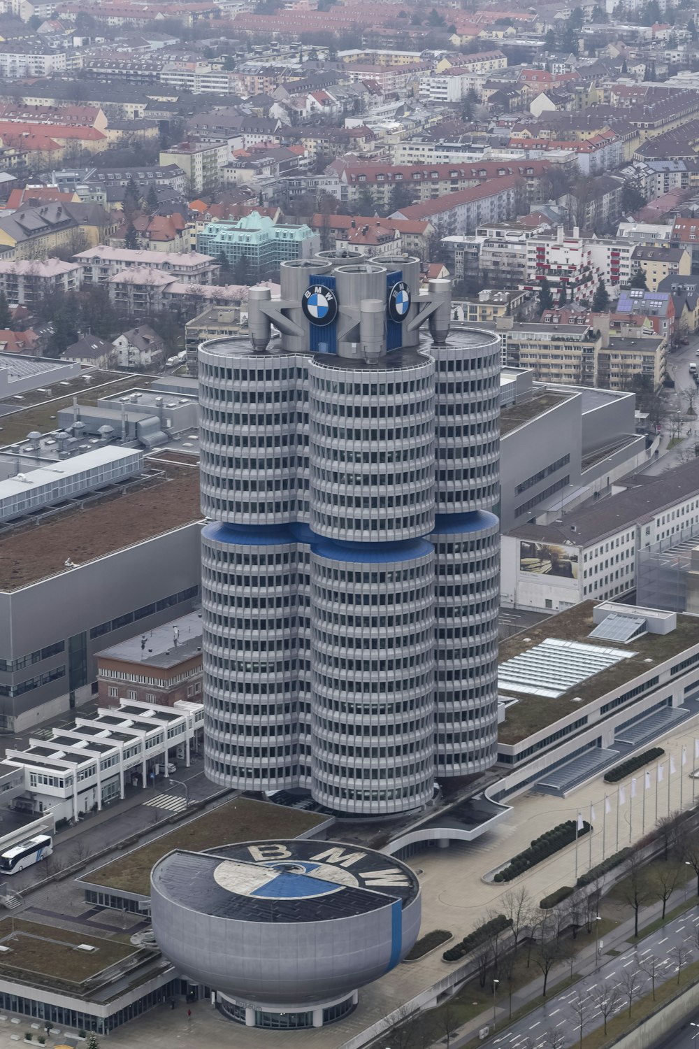 an aerial view of a building in a city