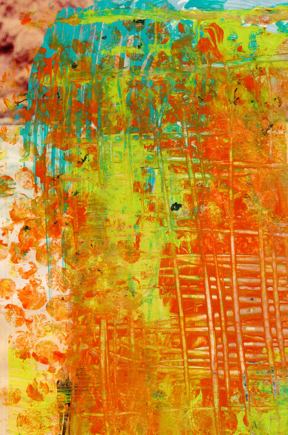 an abstract painting with orange and green colors
