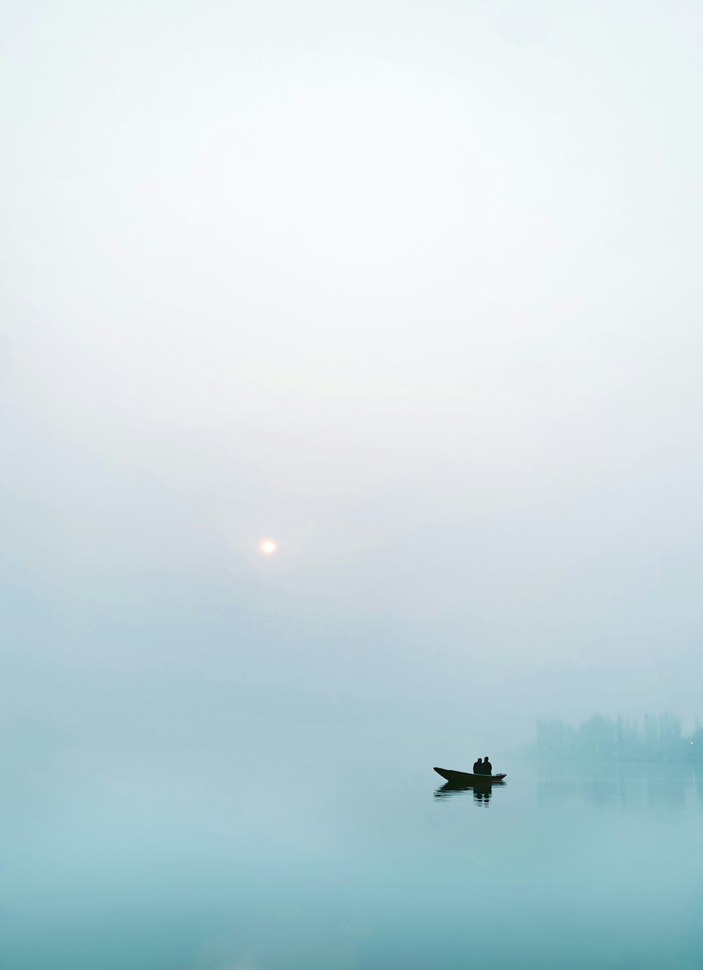 a person in a boat on a foggy lake