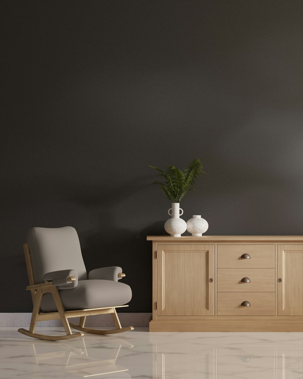 a room with a rocking chair and a dresser