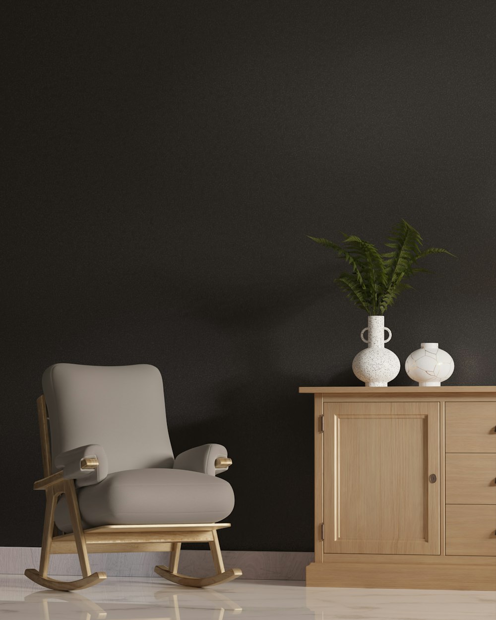 a rocking chair next to a dresser with a vase on top of it