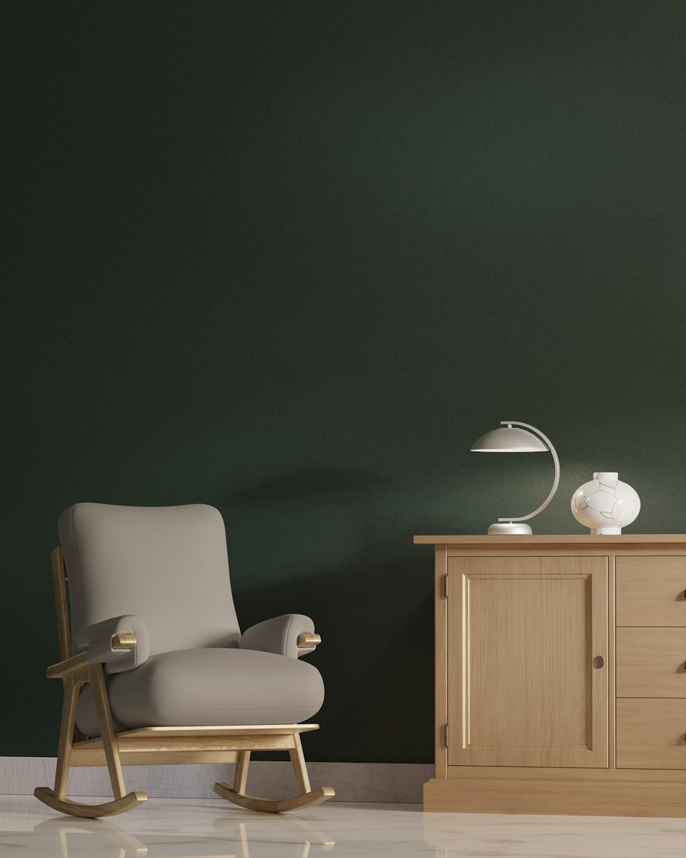 a rocking chair next to a dresser and a lamp