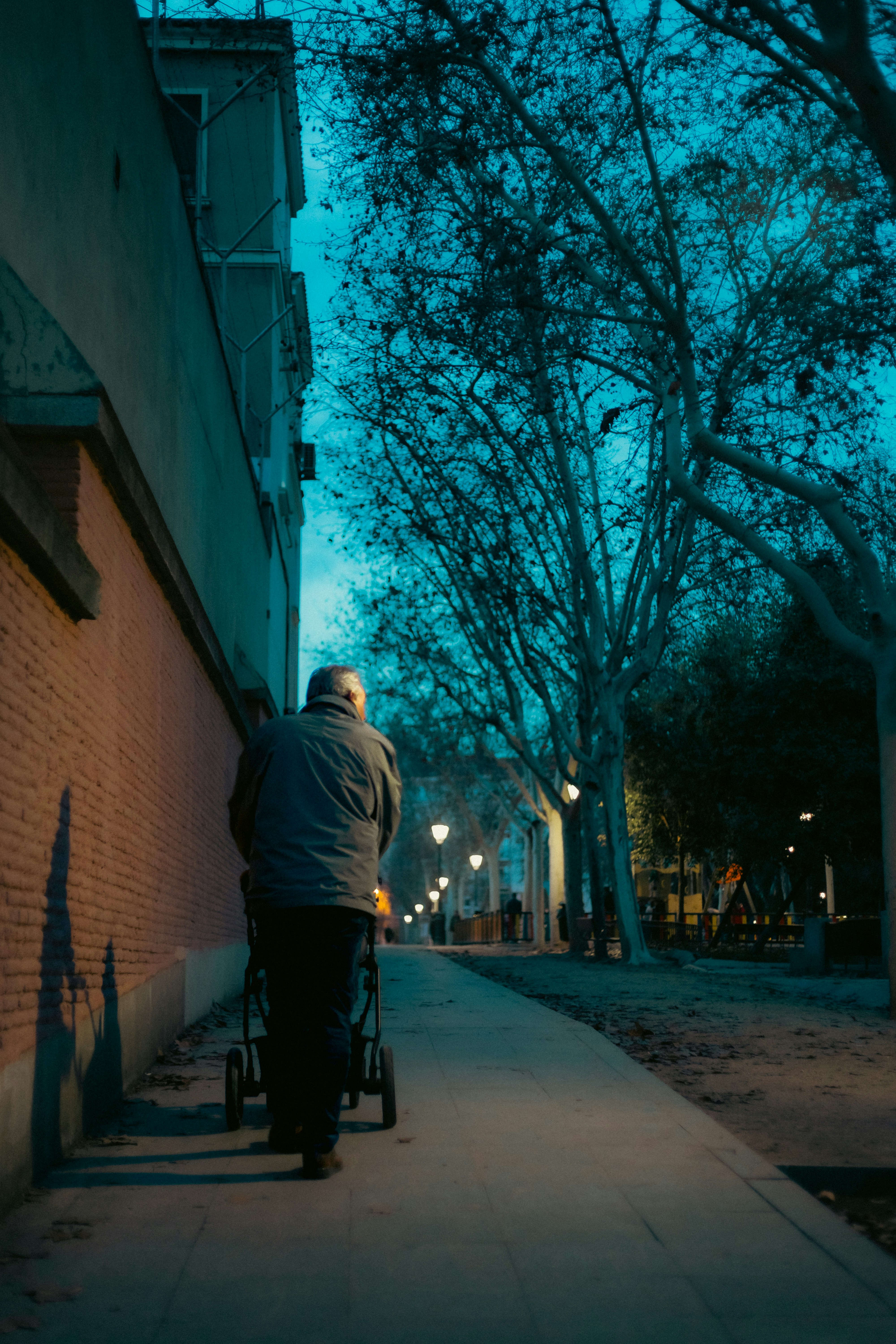 a man riding a bike down a sidewalk next to a tree