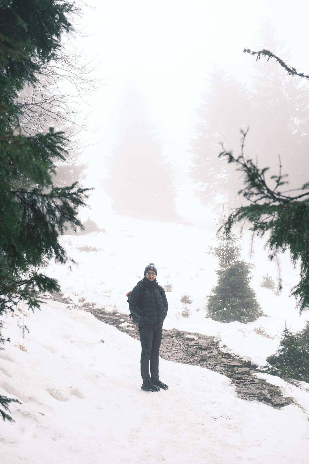 a person standing in the snow near some trees