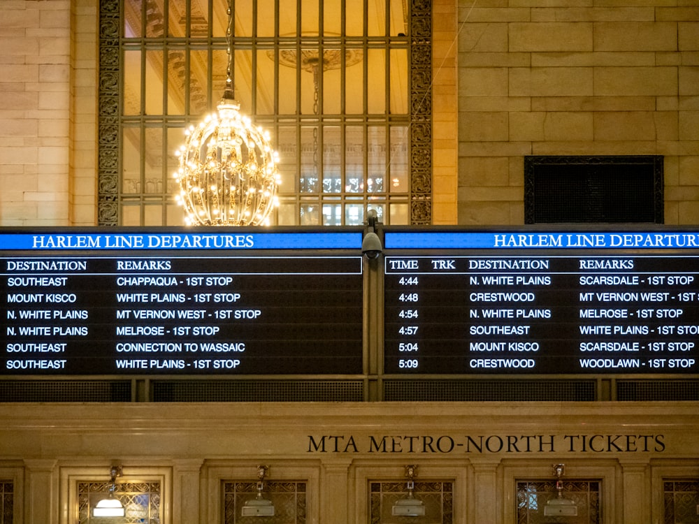 a train station with a lot of information on the wall