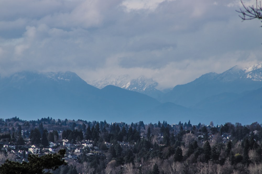 a view of a city with mountains in the background