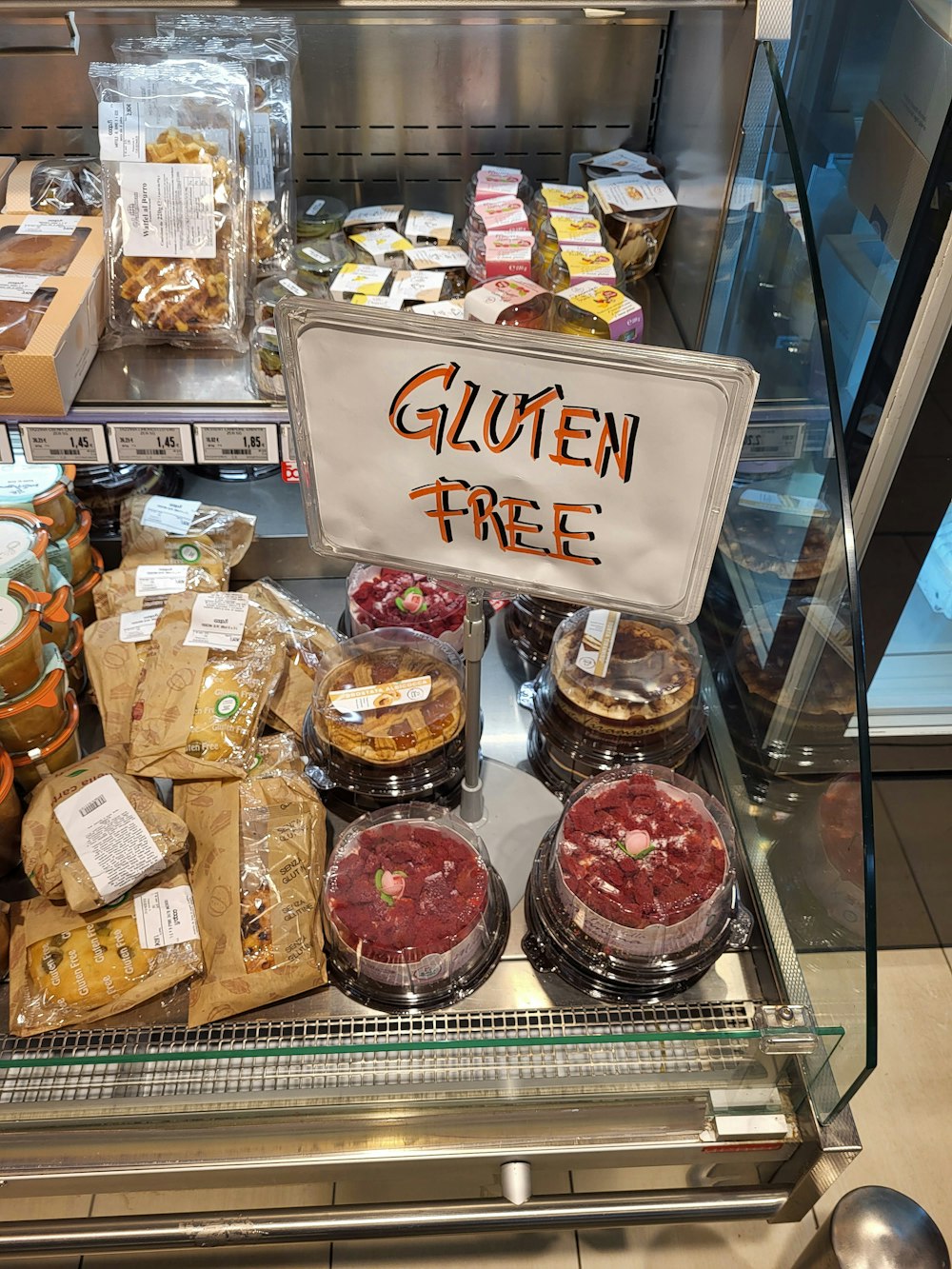 a display case filled with lots of food