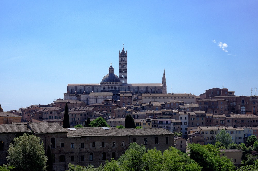 a view of a city with a clock tower