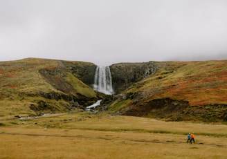 a man standing in front of a waterfall