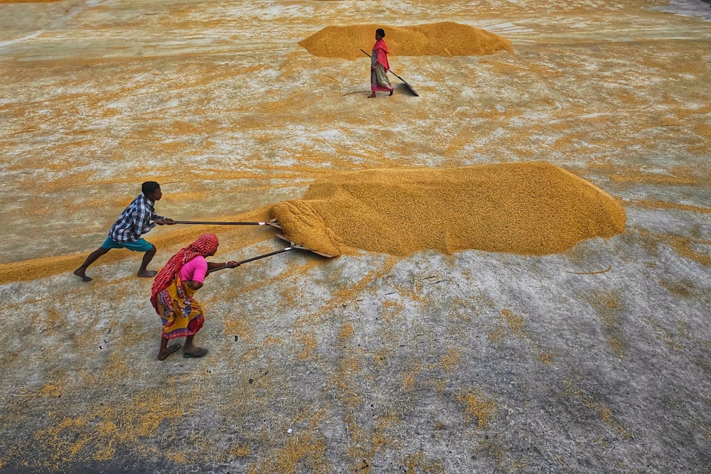 a group of people standing on top of a dirt field