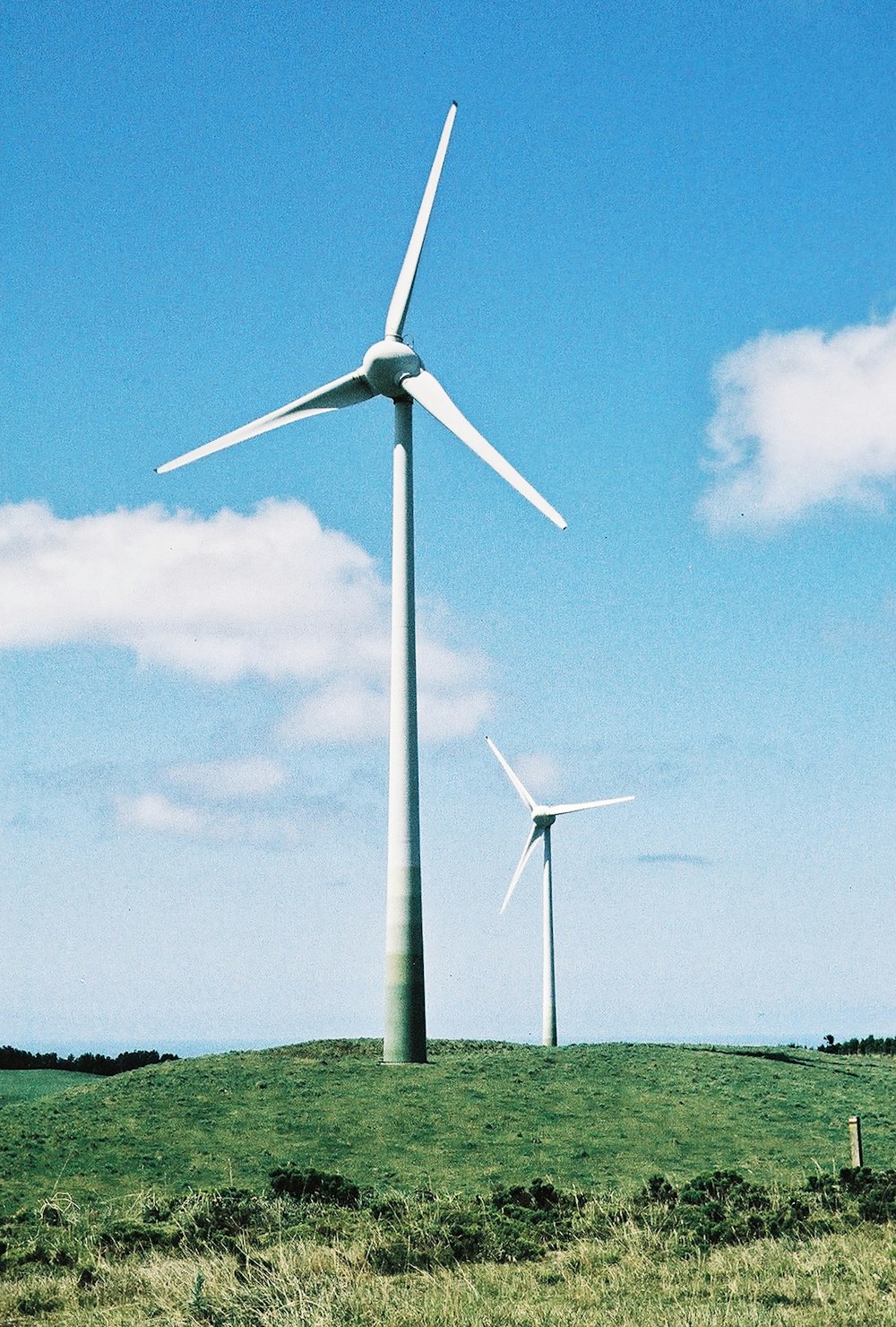 um grupo de turbinas eólicas em uma colina gramada