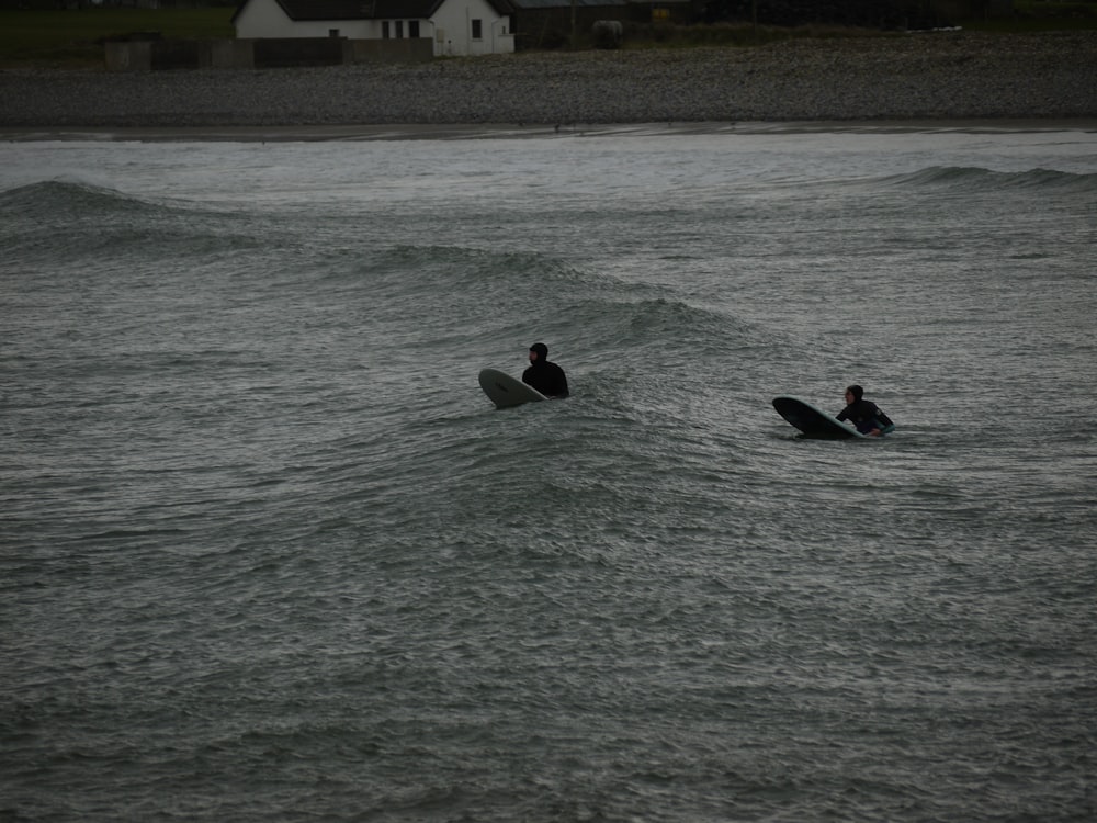 a couple of people riding surfboards on top of a body of water