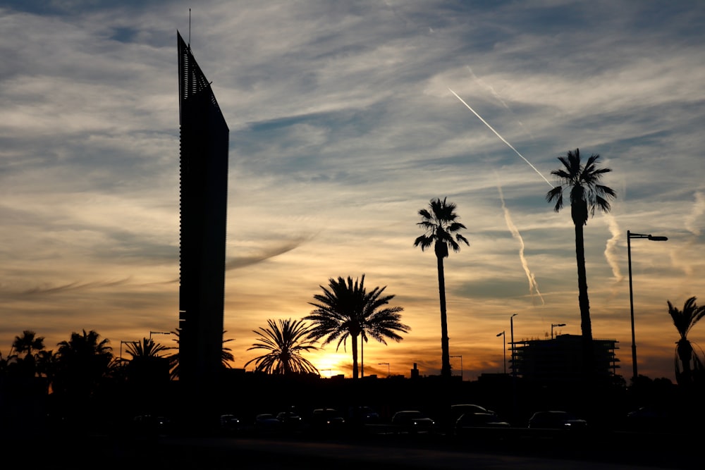 the sun is setting behind palm trees and a tall building