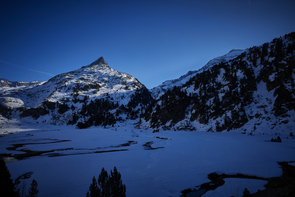 Ein schneebedeckter Berg, der von Bäumen umgeben ist