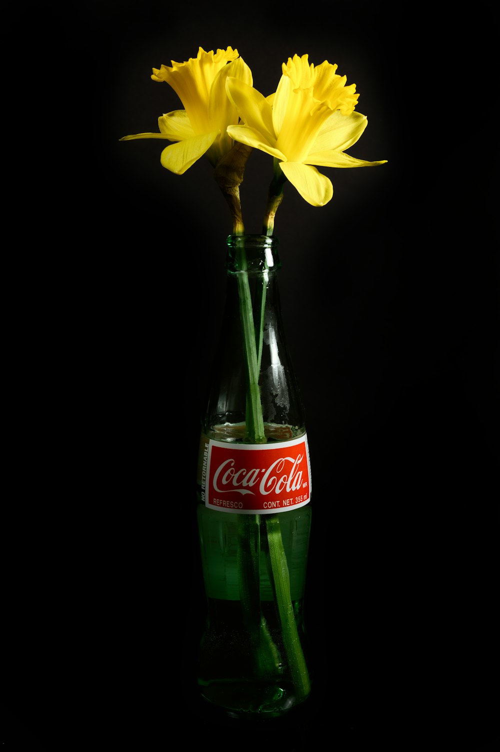 a coca - cola bottle with two yellow flowers in it
