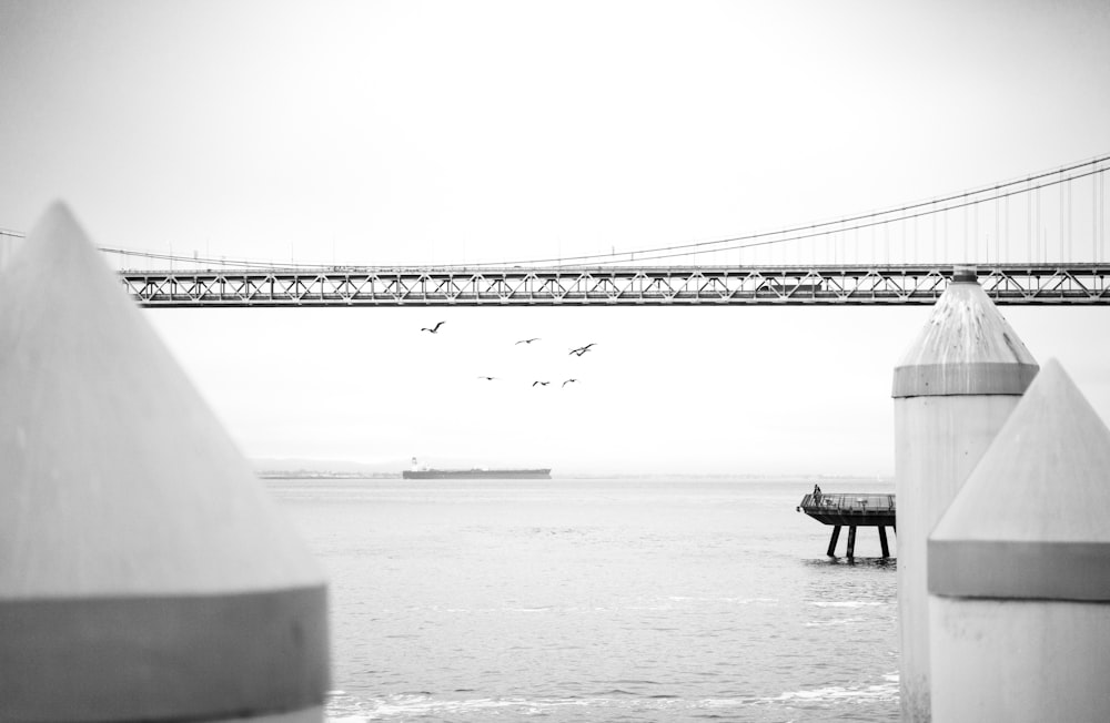 uma foto em preto e branco de uma ponte sobre a água