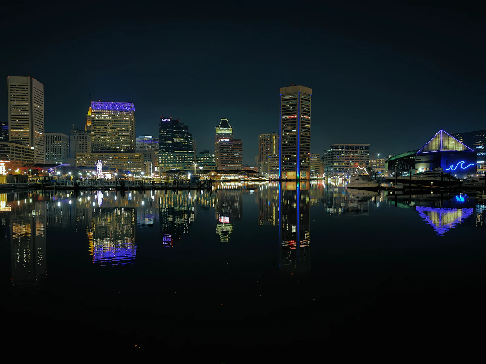 Baltimore Inner Harbor lit up at night