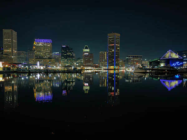 Baltimore Inner Harbor lit up at night
