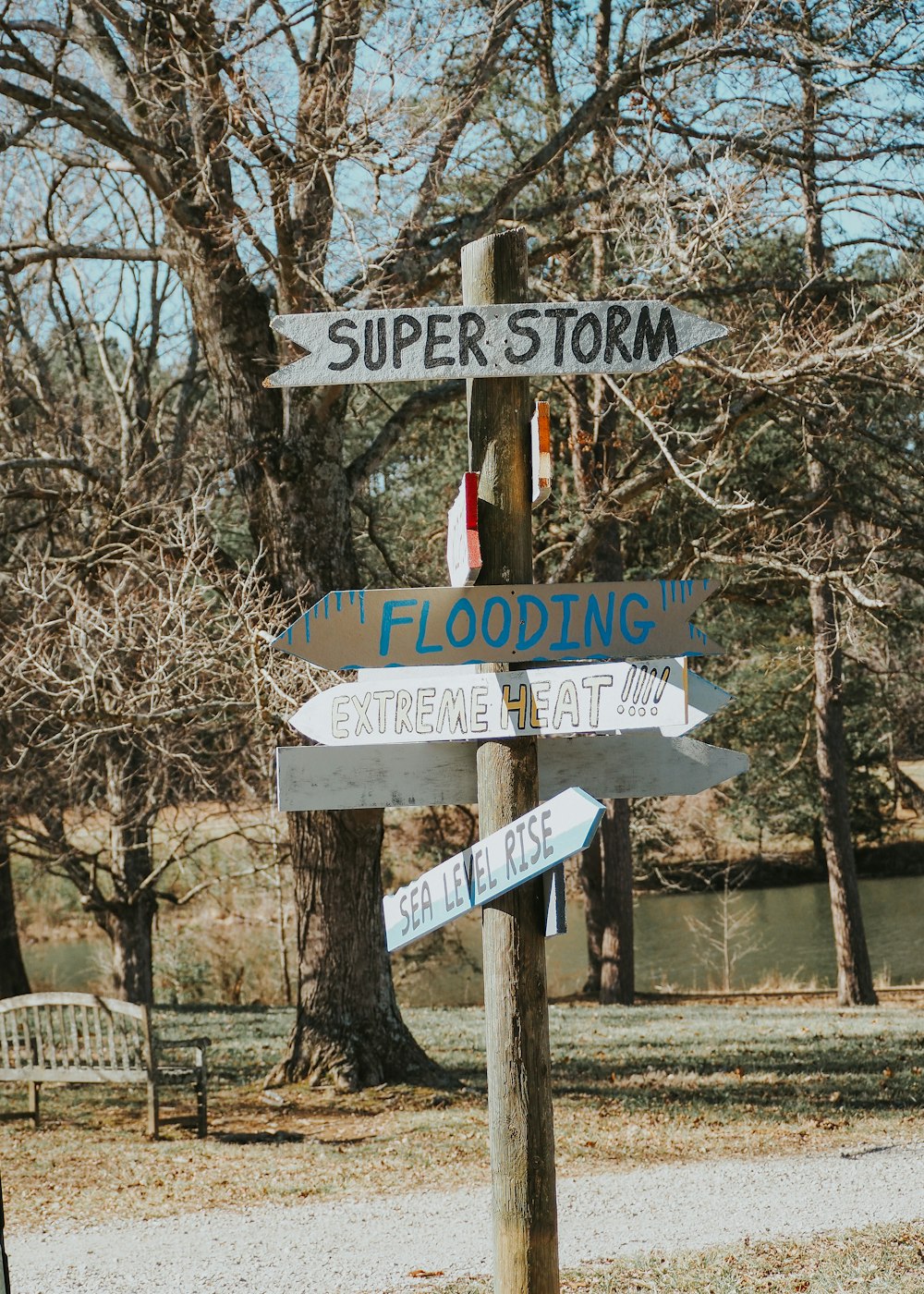 a wooden pole with several street signs on it